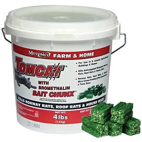    - Cat food for spayed/neutered cats  Motomco Tomcat Mouse & Rat Bait Chunx w/Bromethalin 4 lbs.