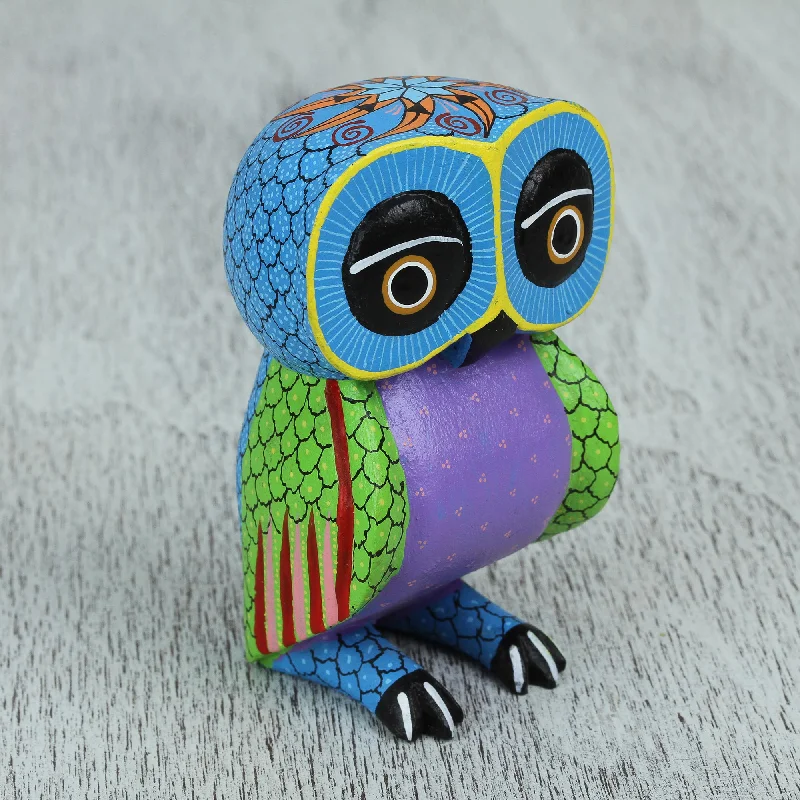 ---Night Fantasy Wood Owl Sculpture with Hand Painted Star Design from Mexico