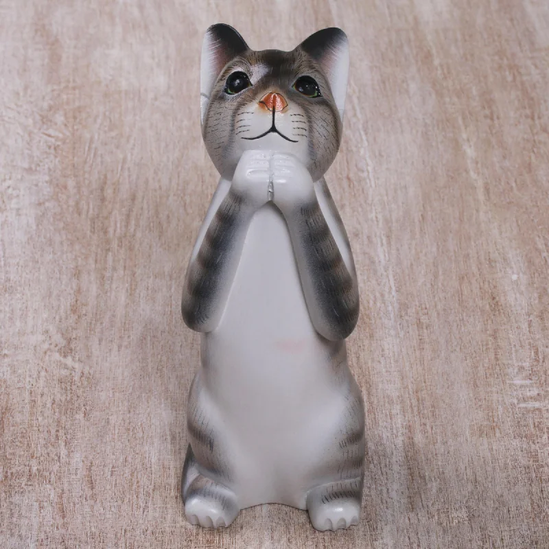 - Dog anti-slip matGrey Wishing Cat Painted Suar Wood Sculpture of a Wishful Grey Cat from Bali