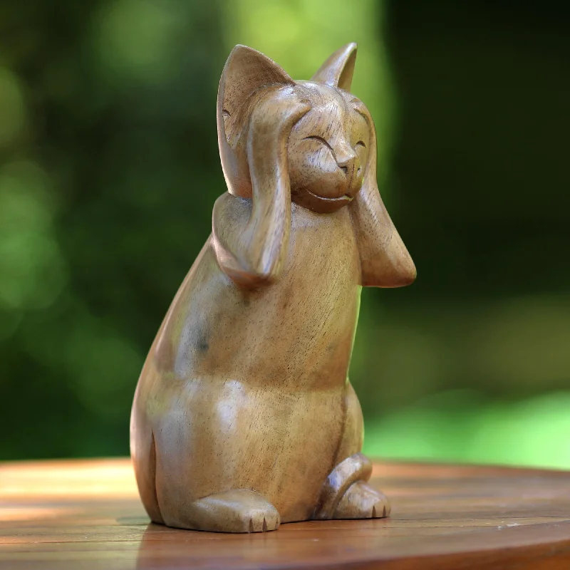 - Remote interactive pet feederHear No Evil Cat Wood Animal Sculpture