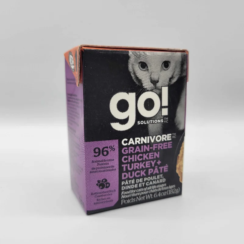    - Cat food for spayed/neutered cats  Go! Cat Tetra Carnivore Chicken, Turkey & Duck Pate