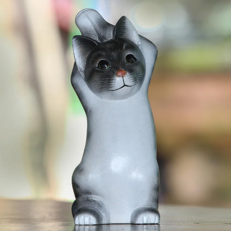 - Dog anti-slip matSkyward Paws Whimsical Wood Cat Sculpture in Grey and White from Bali