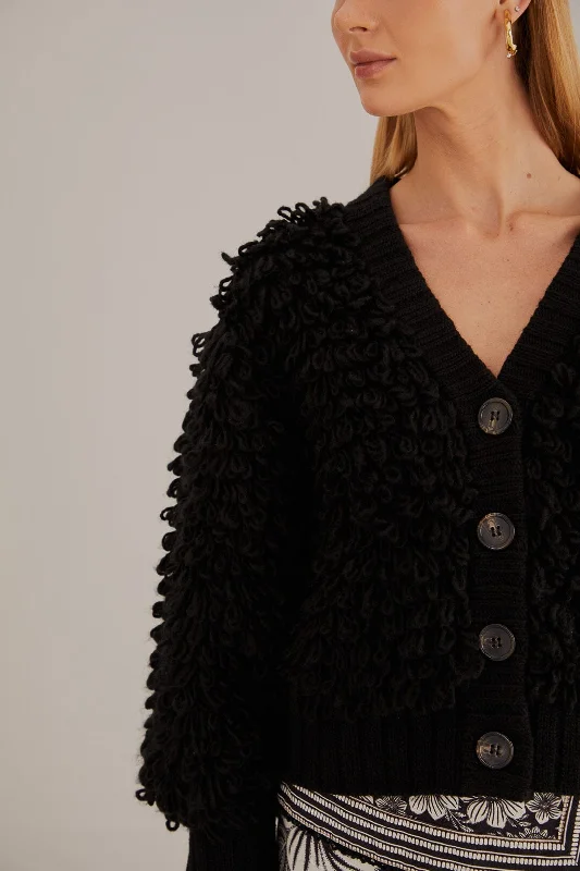 Black Textured V Neck Cardigan