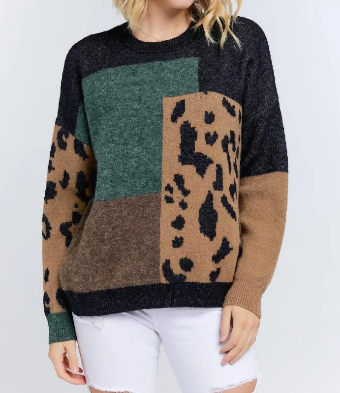 Color Block Leopard Sweater In Charcoal