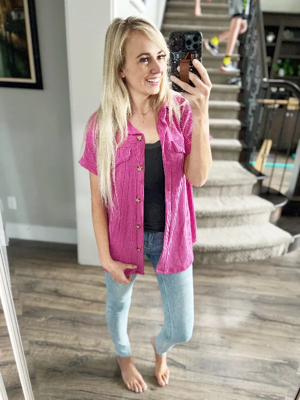 Reckless Solid Ribbed Button Down Top in Fuchsia