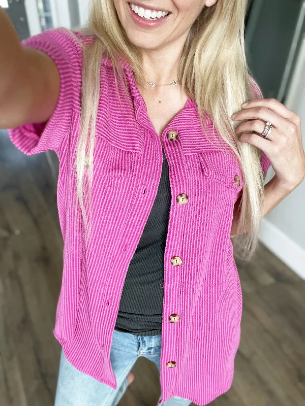 Reckless Solid Ribbed Button Down Top in Fuchsia