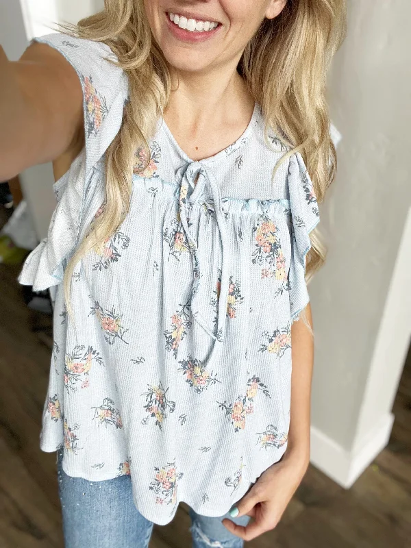 Seaside Floral Babydoll Knit Top in Light Blue