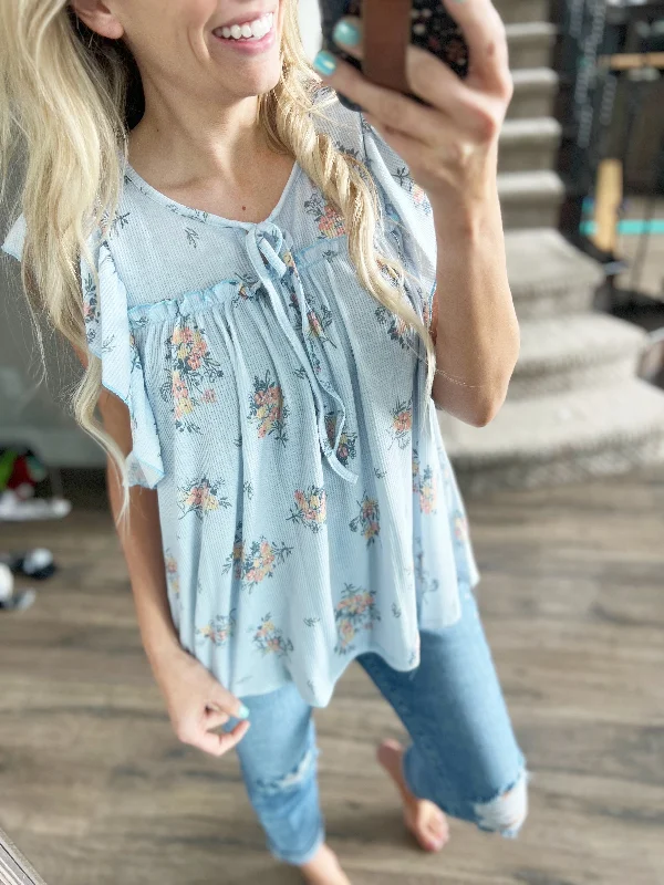 Seaside Floral Babydoll Knit Top in Light Blue