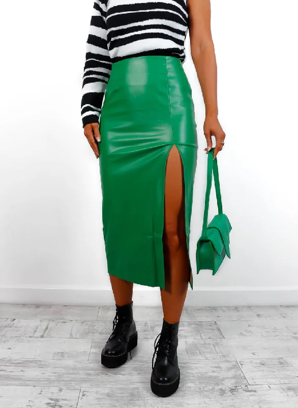 Feeling Skirty - Green PU Leg Split Midi Skirt