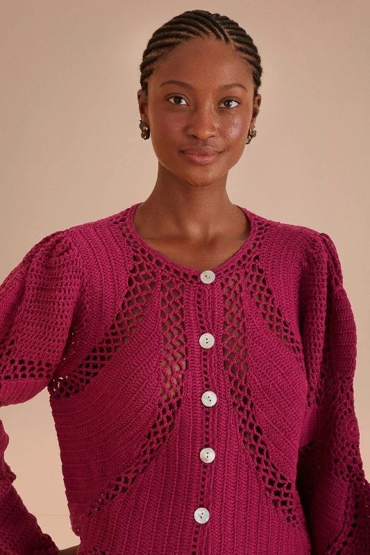 Pink Flower Draw Crochet Cardigan