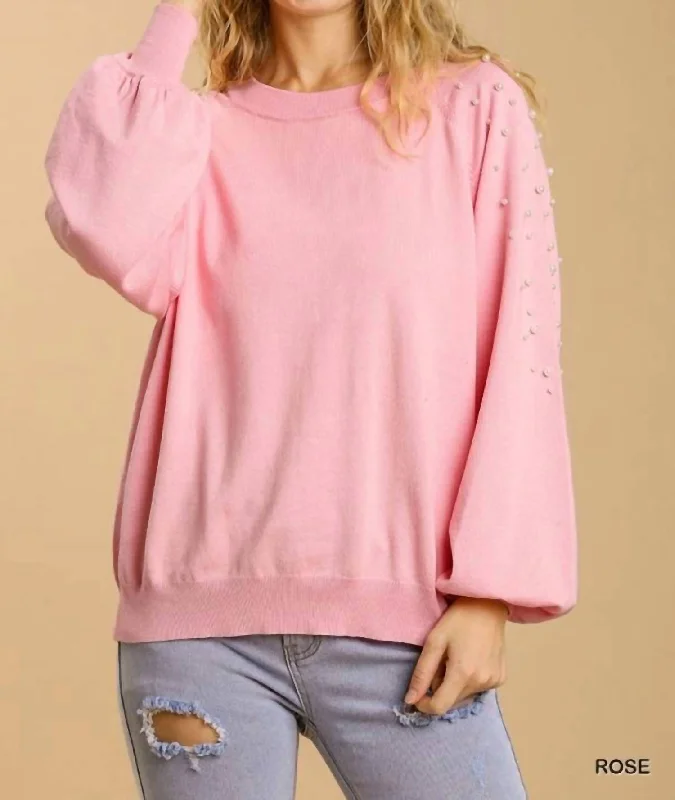 Round Neck Pullover Sweater In Rose