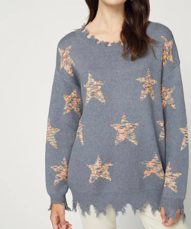 Star Print Distressed Sweater In Heather Gray