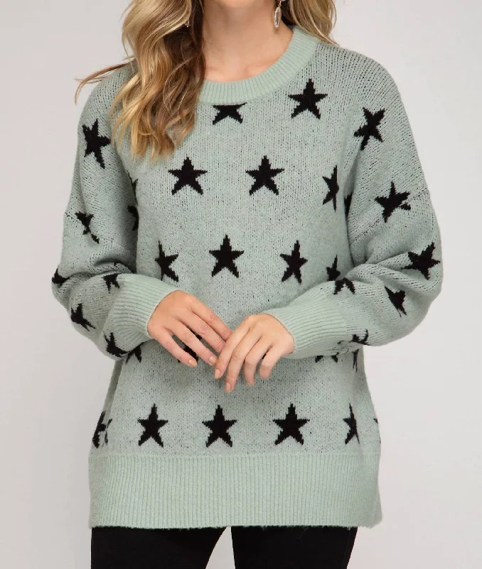 Star Print Slate Tunic Sweater In Green