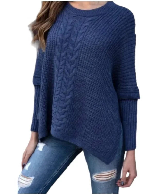 Women’S Crochet Knit Long Sleeve Poncho Sweater In Navy / Blue