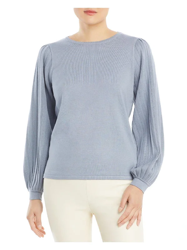 Womens Pleated Sleeve Crewneck Pullover Sweater