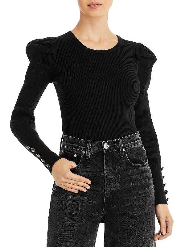 Womens Ribbed Wrist Buttons Crewneck Sweater