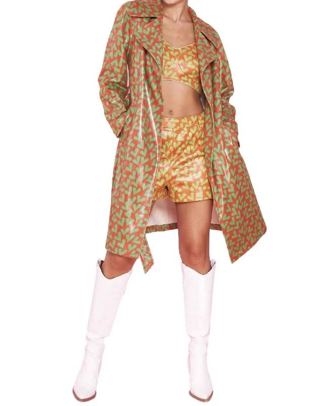 Faux Suede Heart Print Trench Coat In Orange