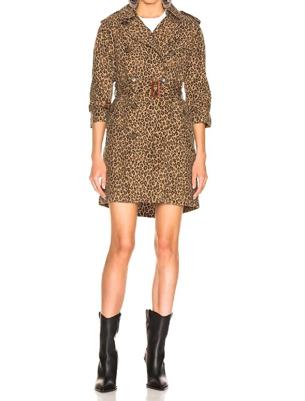 Raglan Sleeve Trench Coat In Leopard