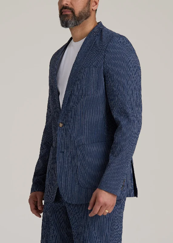 Stretch Seersucker Blazer for Tall Men in Navy and Off White Stripe