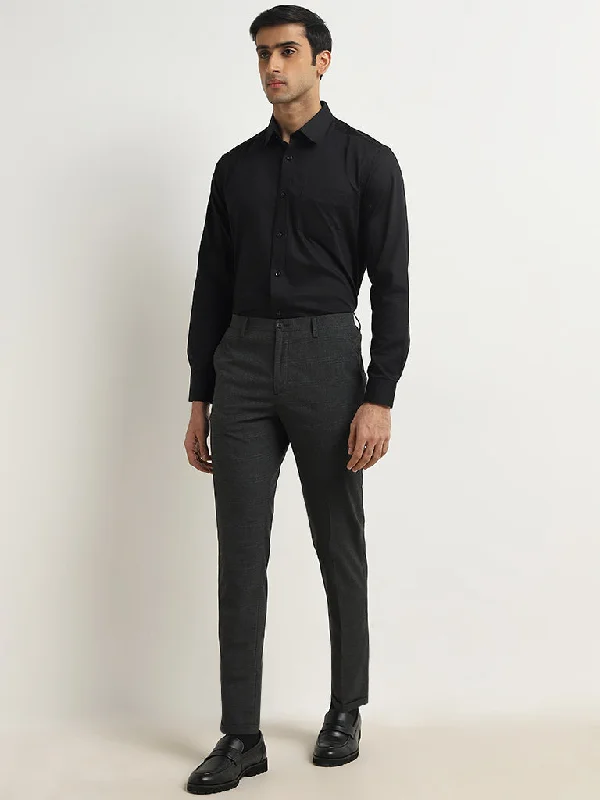 WES Formals Black Checkered Carrot-Fit Mid-Rise Trousers