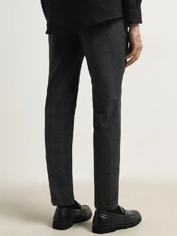 WES Formals Black Checkered Carrot-Fit Mid-Rise Trousers