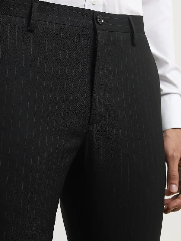 WES Formals Black Pinstriped Carrot-Fit Mid-Rise Trousers