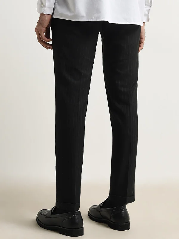 WES Formals Black Pinstriped Carrot-Fit Mid-Rise Trousers