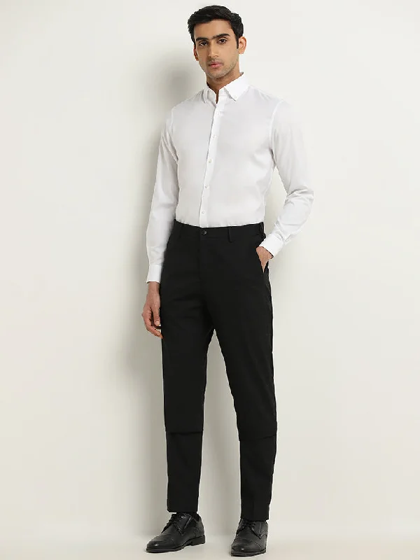 WES Formals Black Slim-Fit Mid-Rise Cotton Blend Trousers