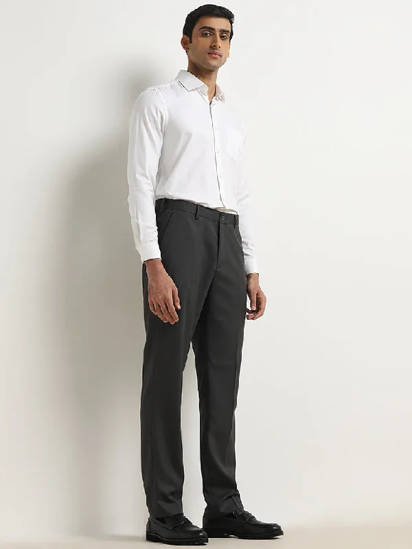 WES Formals Charcoal Relaxed-Fit Mid-Rise Trousers