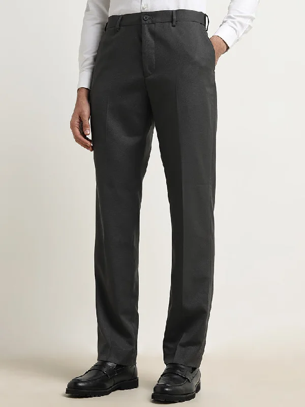 WES Formals Charcoal Relaxed-Fit Mid-Rise Trousers