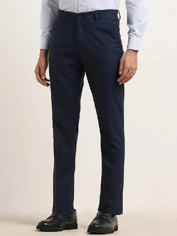 WES Formals Dark Blue Checked Carrot-Fit Mid-Rise Trousers