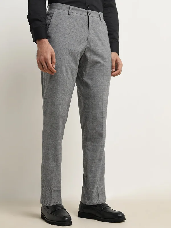 WES Formals Grey Checked Slim-Tapered Mid-Rise Trousers