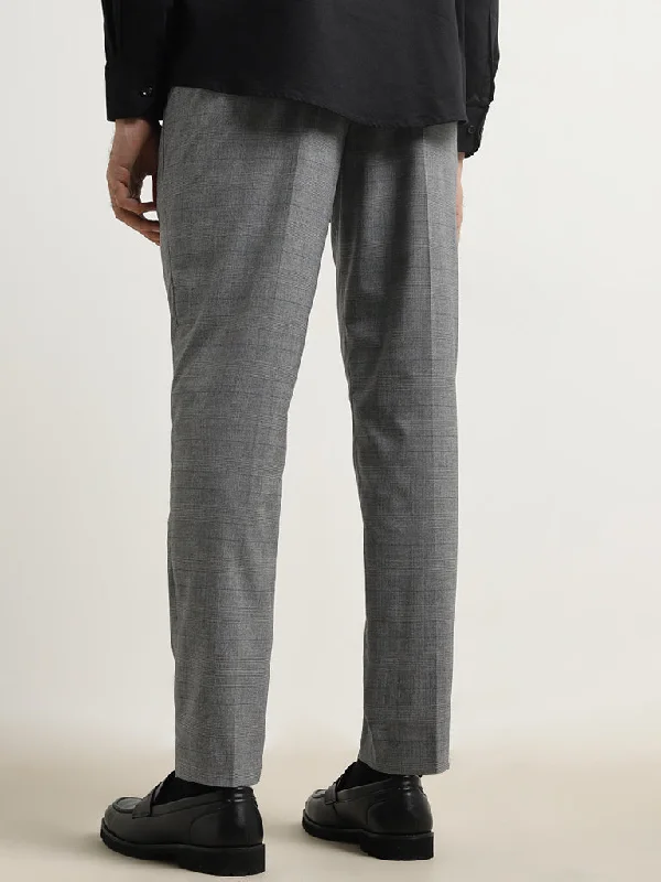 WES Formals Grey Checked Slim-Tapered Mid-Rise Trousers