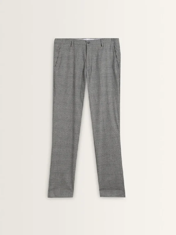 WES Formals Grey Checked Slim-Tapered Mid-Rise Trousers