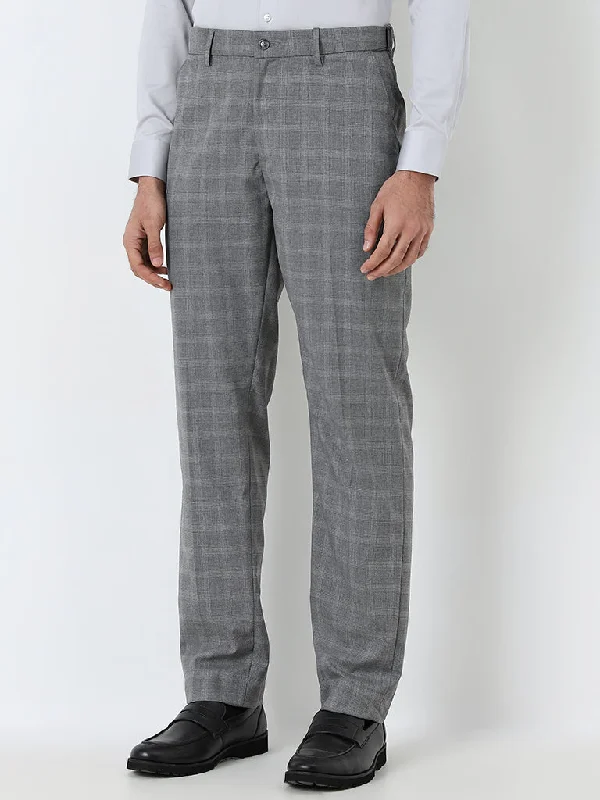 WES Formals Grey Checkered Mid-Rise Relaxed-Fit Trousers