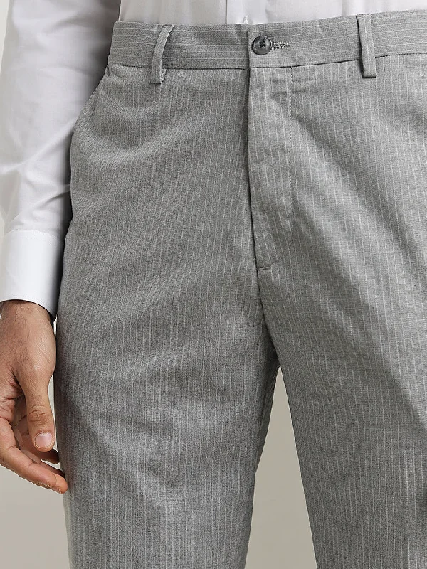 WES Formals Grey Pinstriped Slim-Fit Mid-Rise Trousers