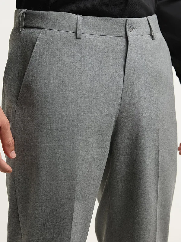 WES Formals Grey Relaxed Fit Mid Rise Trousers