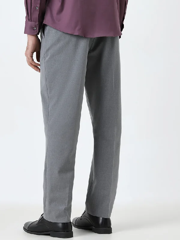 WES Formals Grey Slim-Fit Mid-Rise Trousers