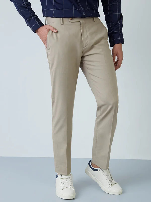 WES Formals Light Khaki Slim-Fit Mid-Rise Trousers