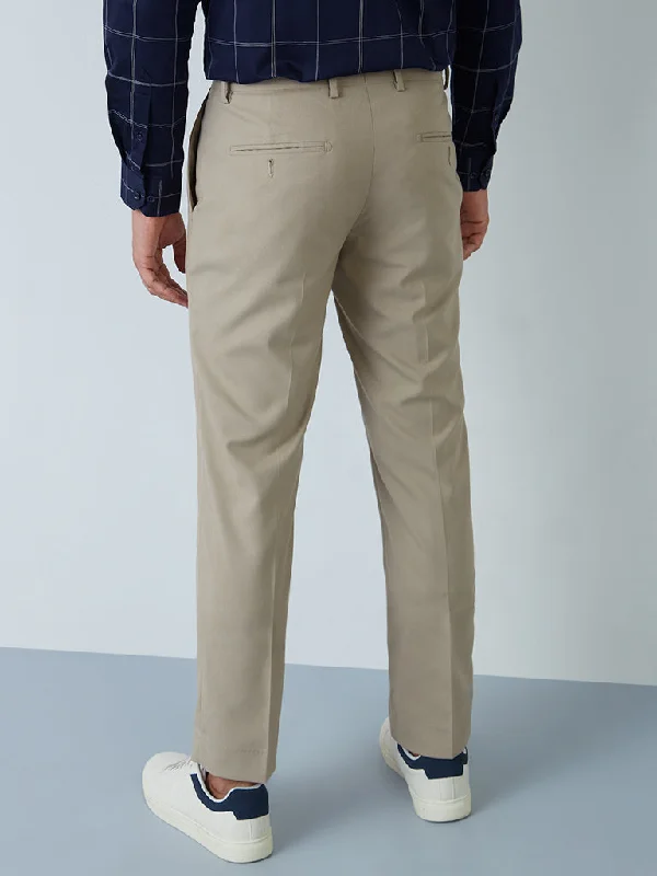 WES Formals Light Khaki Slim-Fit Mid-Rise Trousers