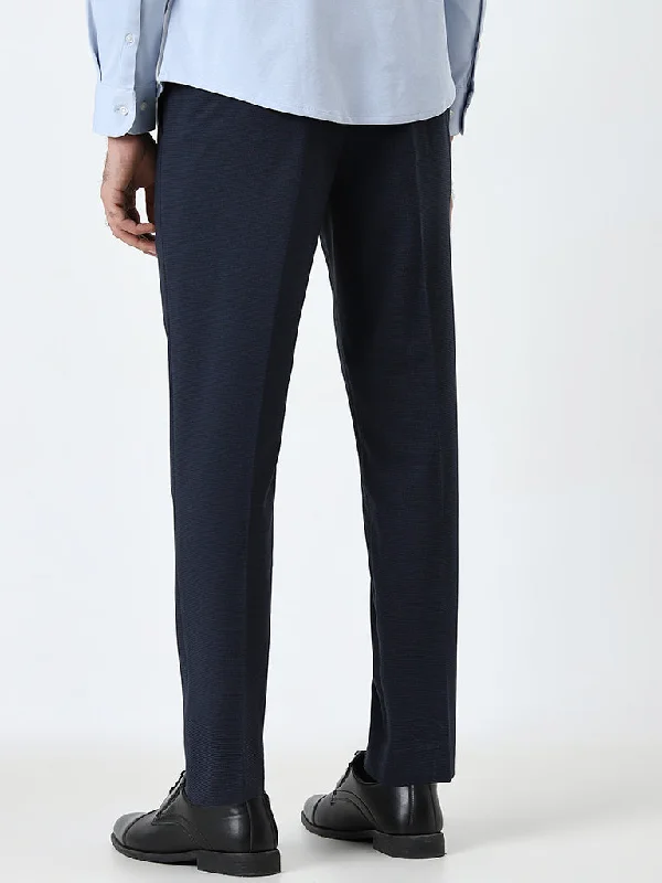 WES Formals Navy Patterned Mid-Rise Carrot Fit Trousers