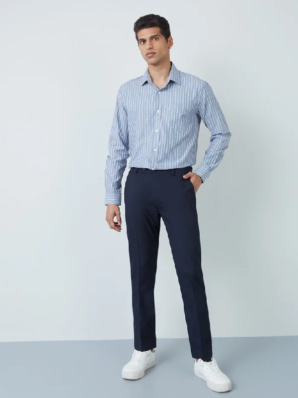 WES Formals Navy Slim-Fit Mid-Rise Trousers