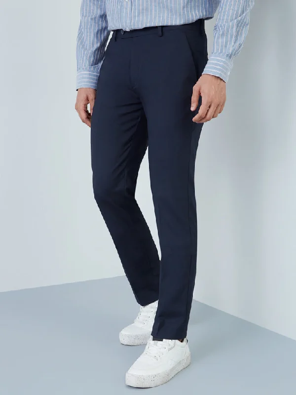 WES Formals Navy Slim-Fit Mid-Rise Trousers