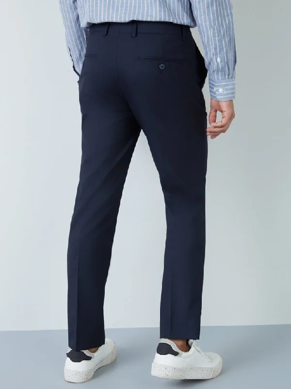 WES Formals Navy Slim-Fit Mid-Rise Trousers