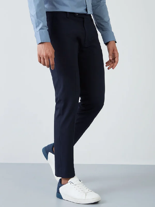 WES Formals Navy Slim-Fit Mid-Rise Trousers