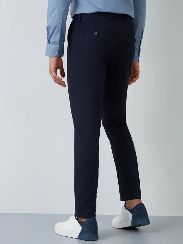 WES Formals Navy Slim-Fit Mid-Rise Trousers