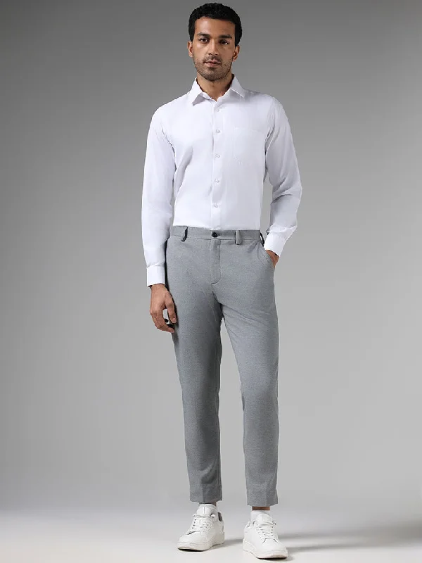 WES Formals Solid Grey Slim-Fit Mid-Rise Trousers