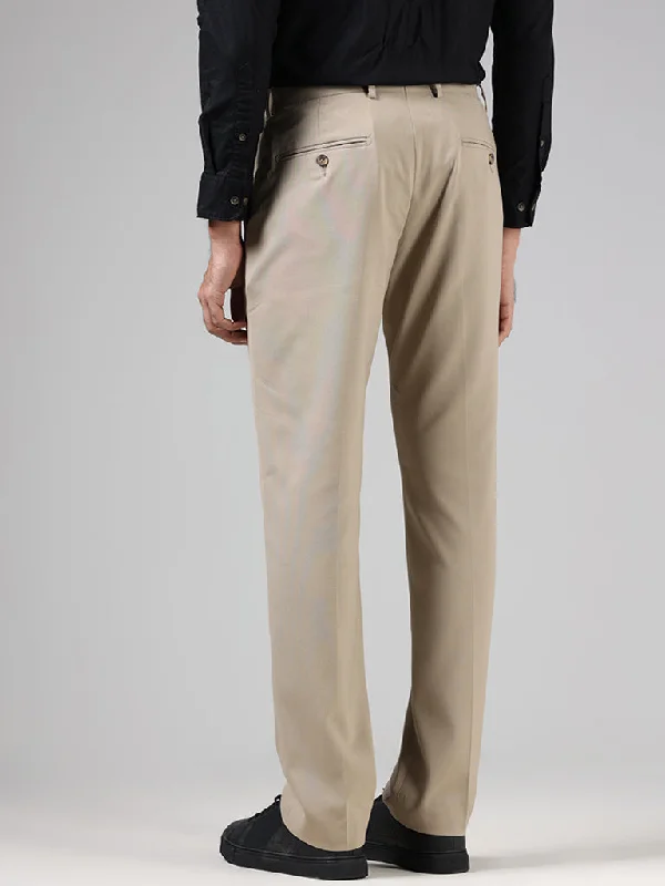 WES Formals Solid Light Khaki Relaxed-Fit Mid-Rise Trousers