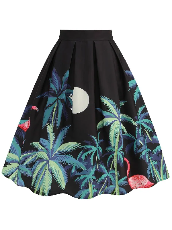 Black 1950s Coconut Trees Flamingo Swing Skirt