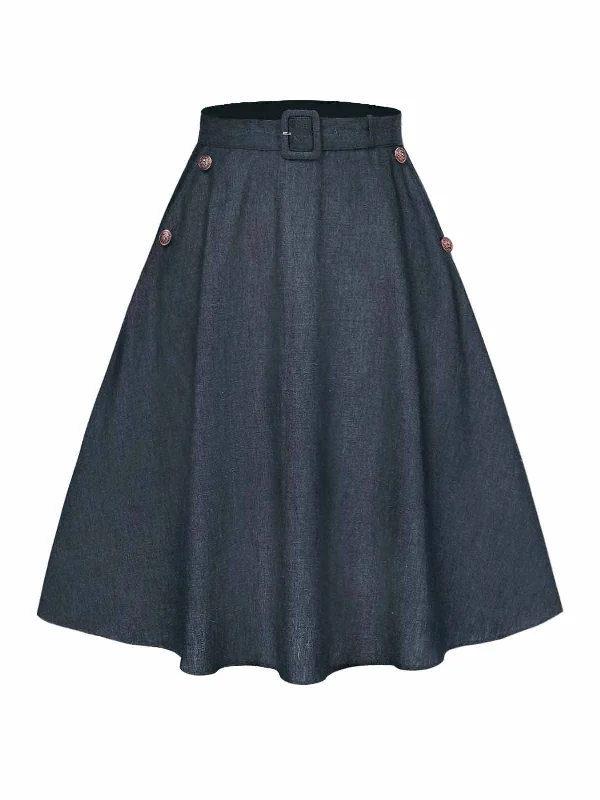 [Pre-Sale] Blue 1940s Solid Button Skirt WIth Belt